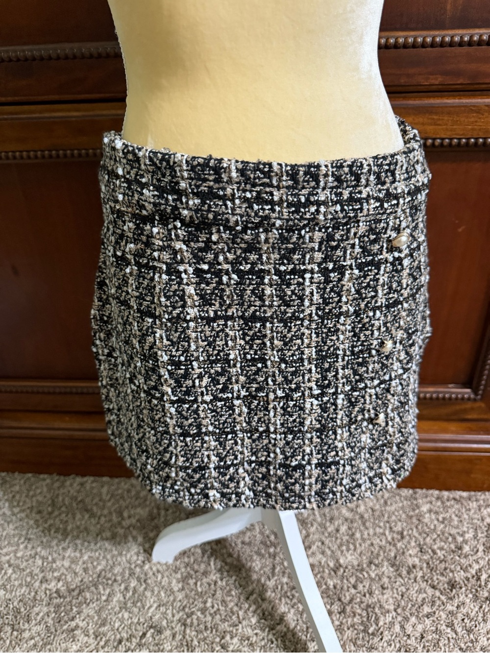 SHEIN Black & White Tweed Mini Skirt with Pearl Buttons
